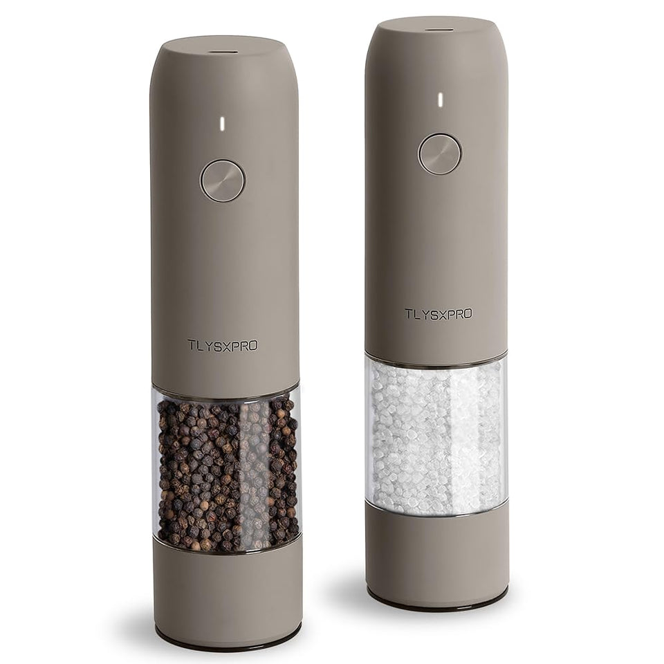 TLYSXPRO electric salt and pepper grinder set on display for stylish seasoning.