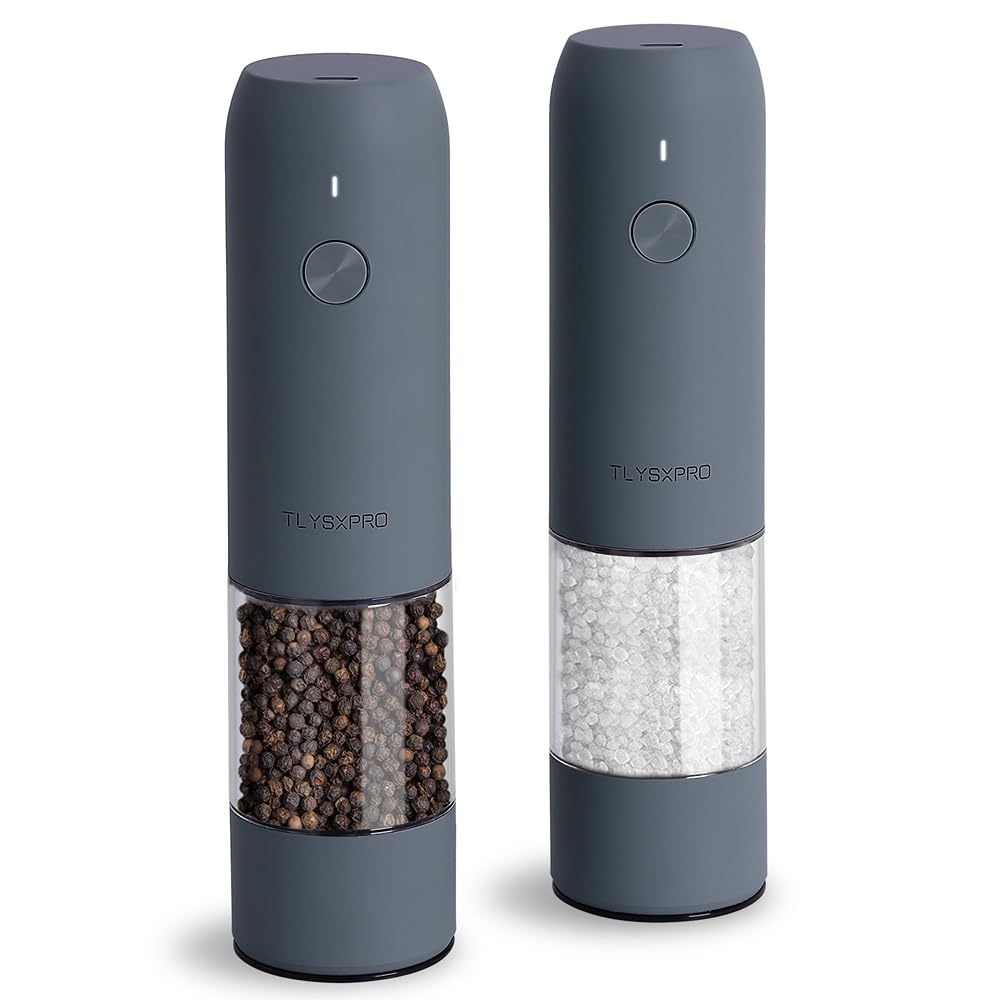 TLYSXPRO electric salt and pepper grinders blue-grey duo on kitchen counter