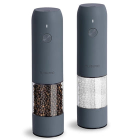 TLYSXPRO electric salt and pepper grinders blue-grey duo on kitchen counter