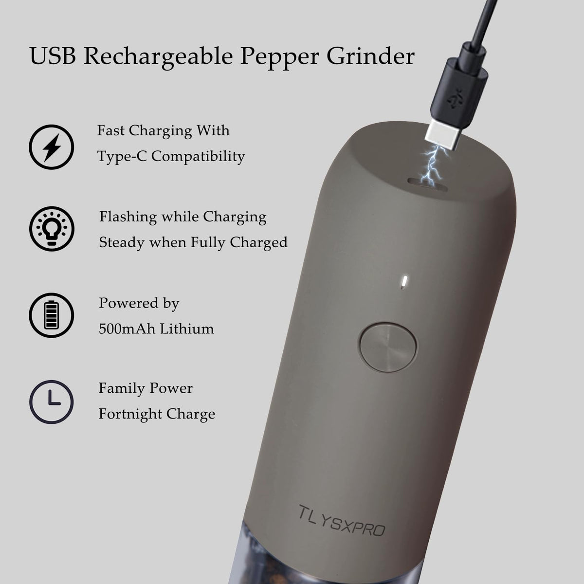 TLYSXPRO USB-rechargeable salt and pepper grinder in compact form.