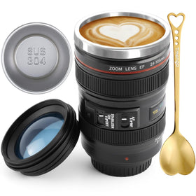 Tmango camera lens mug with clear lid for spill-free travel