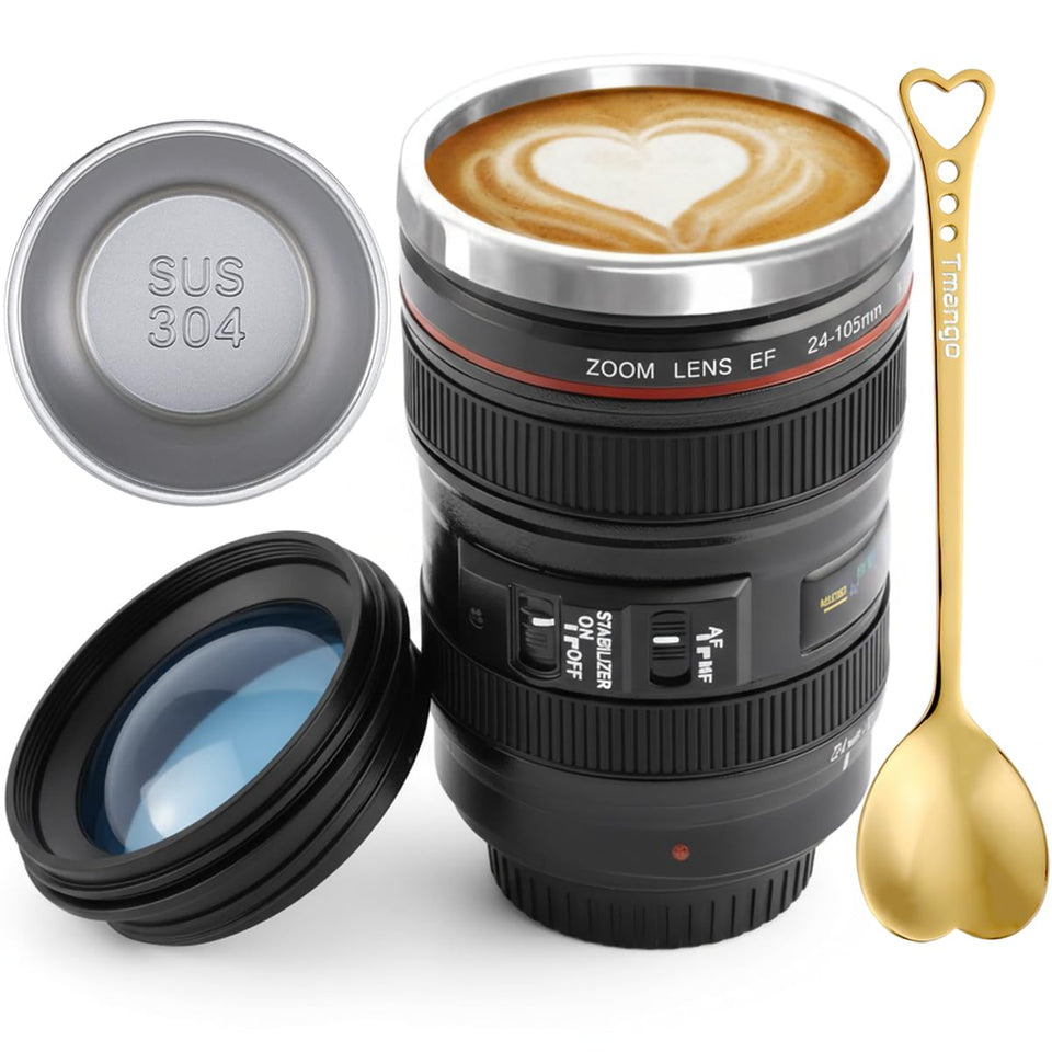 Tmango camera lens mug with clear lid for spill-free travel