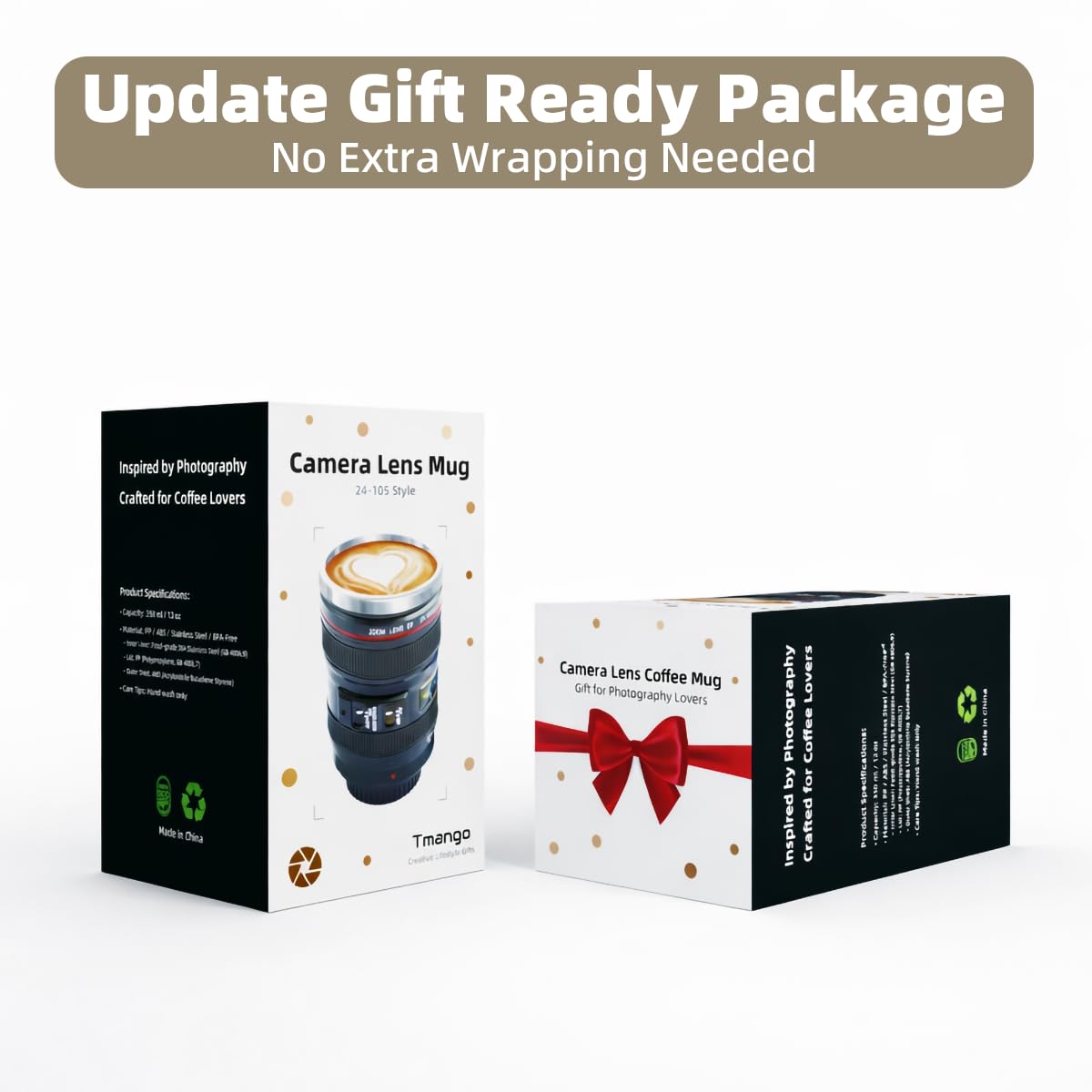 Tmango camera lens mug with gold heart spoon for stirring