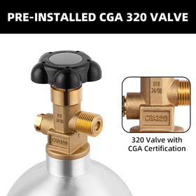 TMCRAFT CO2 tank close-up of CGA-320 valve enabling regulator compatibility.