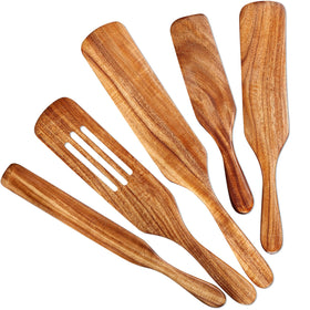 Tmkit 5Pcs Spurtle Set in natural acacia wood for versatile cooking tasks.