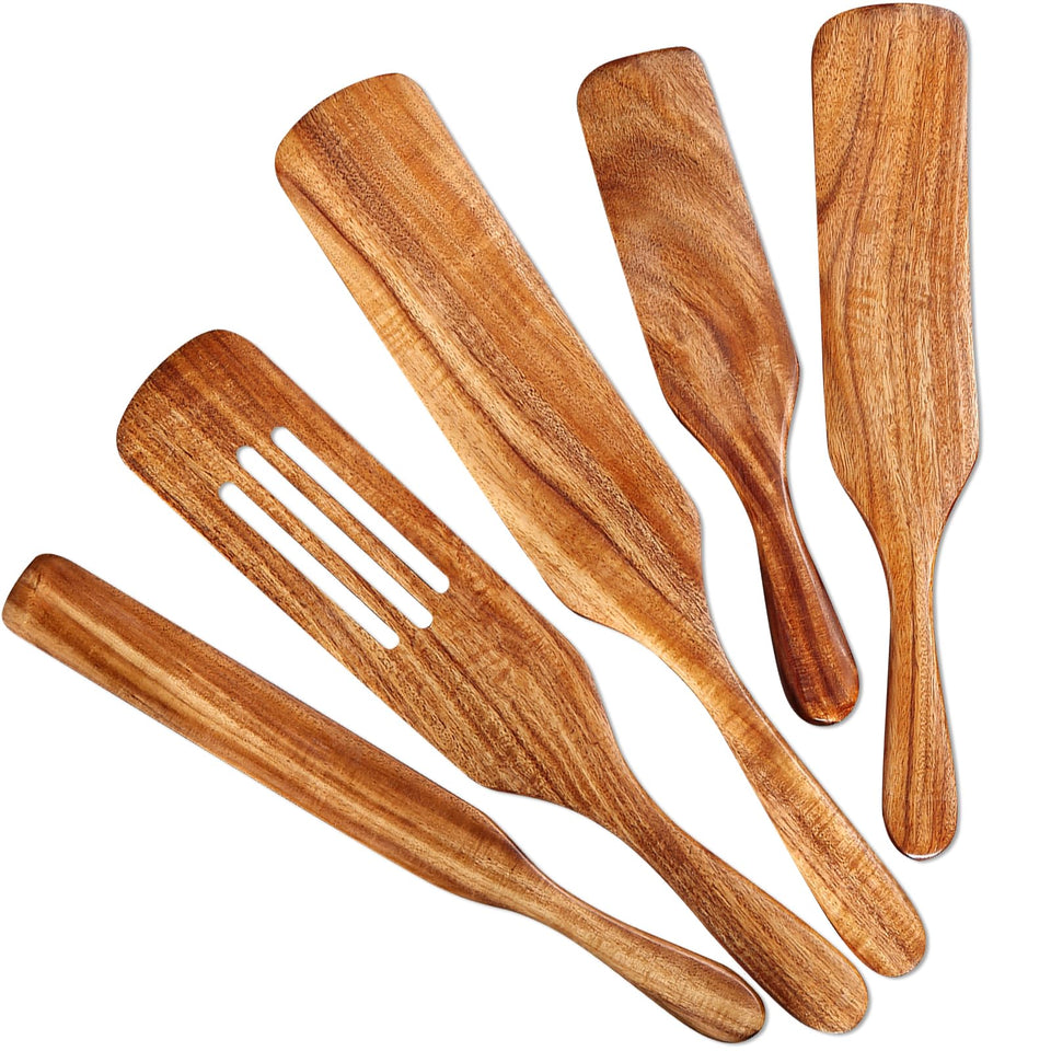 Tmkit 5Pcs Spurtle Set in natural acacia wood for versatile cooking tasks.