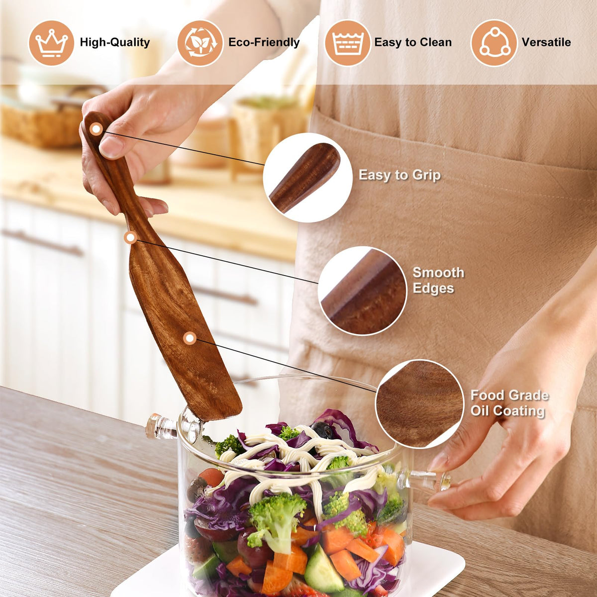 Tmkit acacia wood utensils for stirring, flipping, and serving.