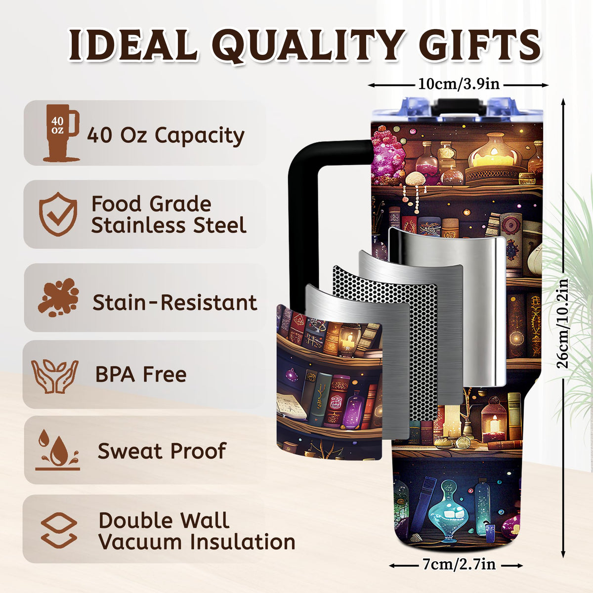 TNASURHUS stainless steel double wall travel mug reduces condensation and spills.