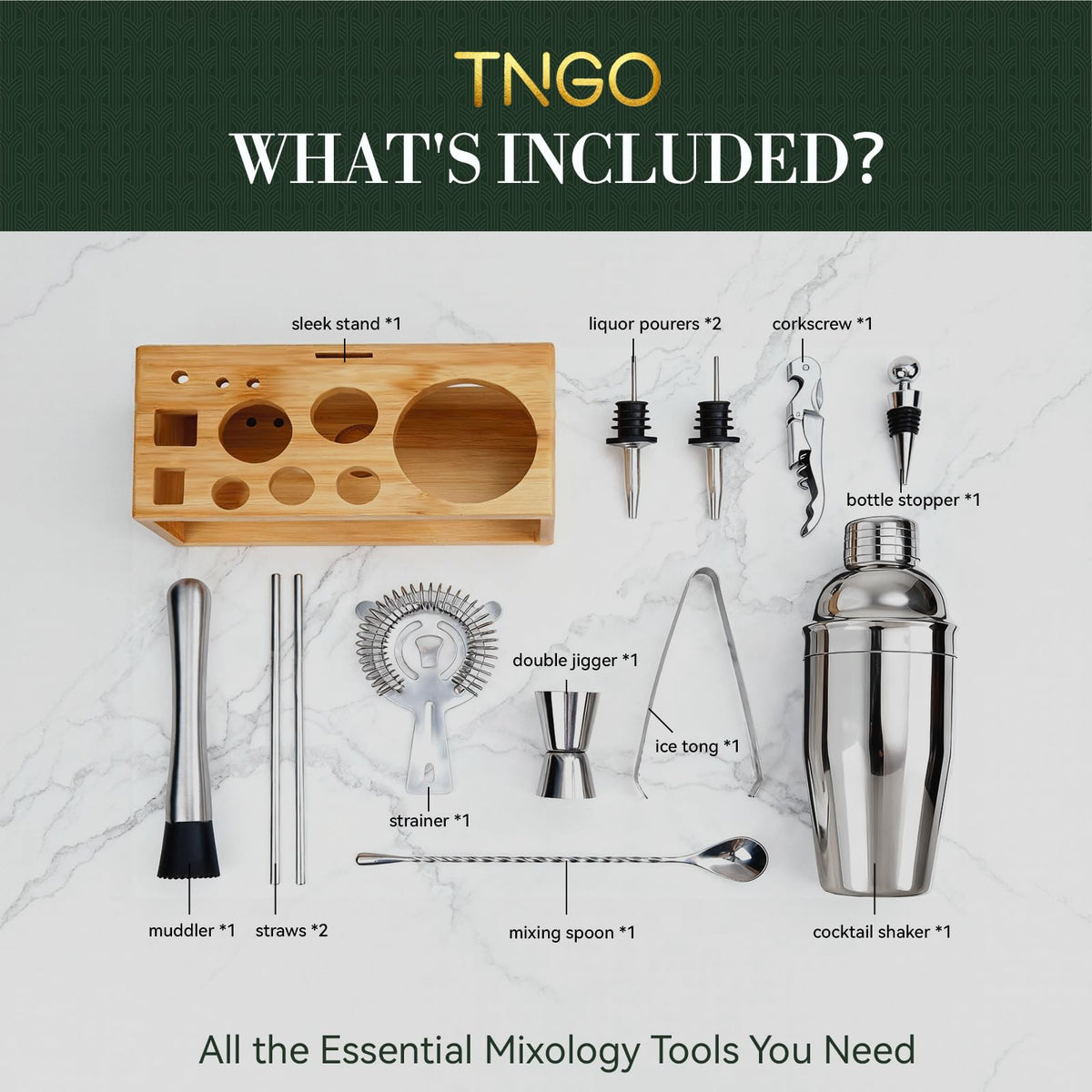 TNCO TNGO cocktail shaker set on natural bamboo stand for stylish storage.