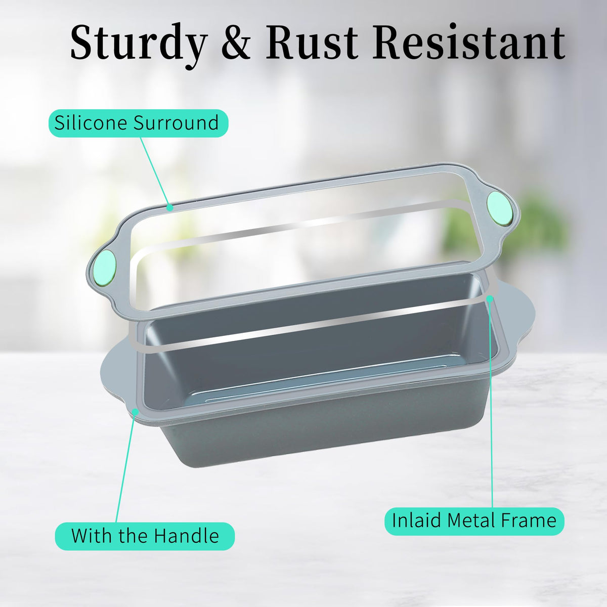 To encounter silicone loaf pan shown in oven-ready position.