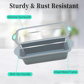 To encounter silicone loaf pan shown in oven-ready position.
