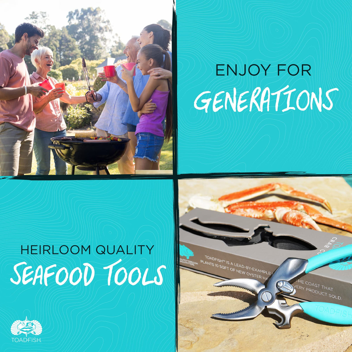Toadfish crab leg cracker tool ocean stewardship note signals sustainable brand commitment