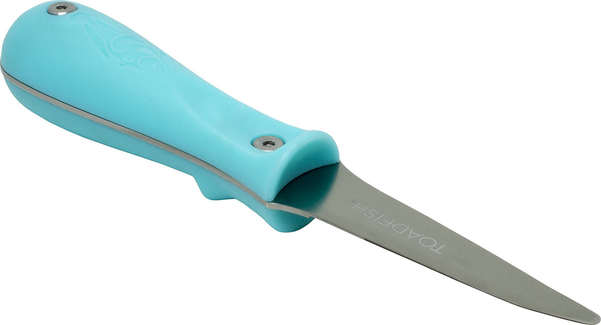 Toadfish oyster knife featuring bent tip to ease hinge opening.