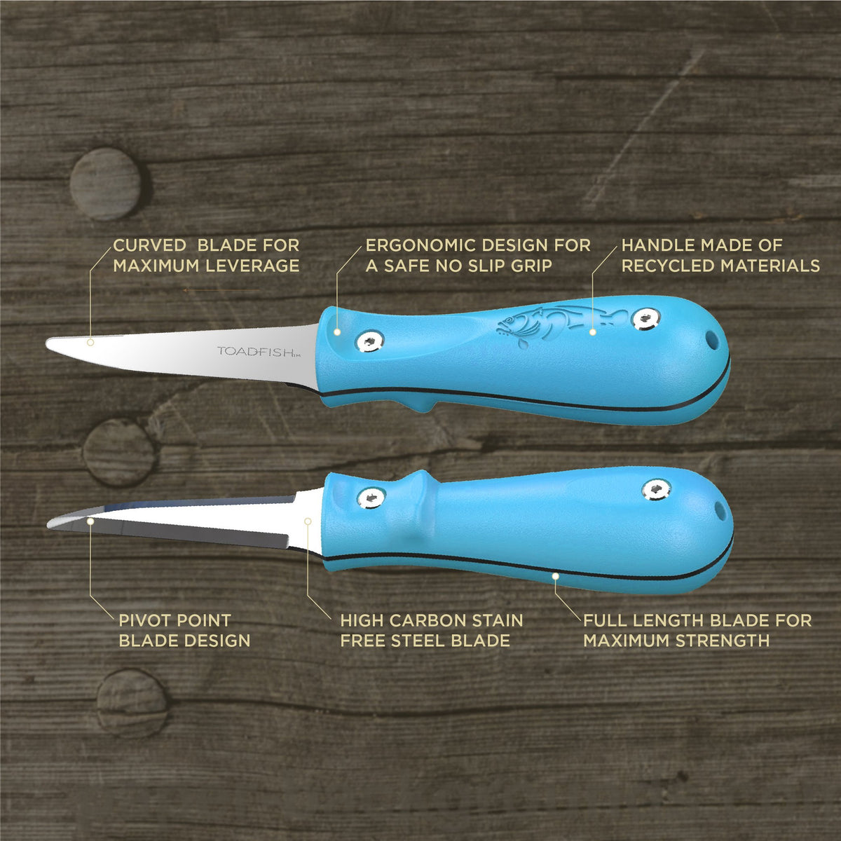 Toadfish oyster knife with rust-resistant blade for durable everyday use.