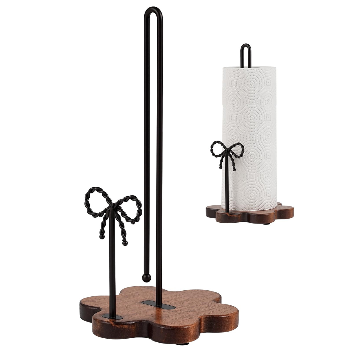 Tocemei wood paper towel holder with floral base for farmhouse charm and practicality.