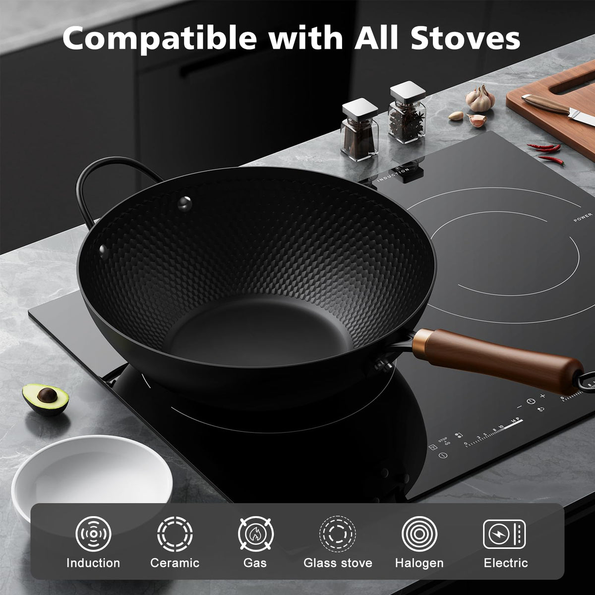 Todlabe wok compatibility with induction, gas, and electric stoves.