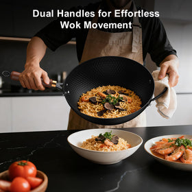 Todlabe easy-clean carbon steel wok for quick cleanup after frying.
