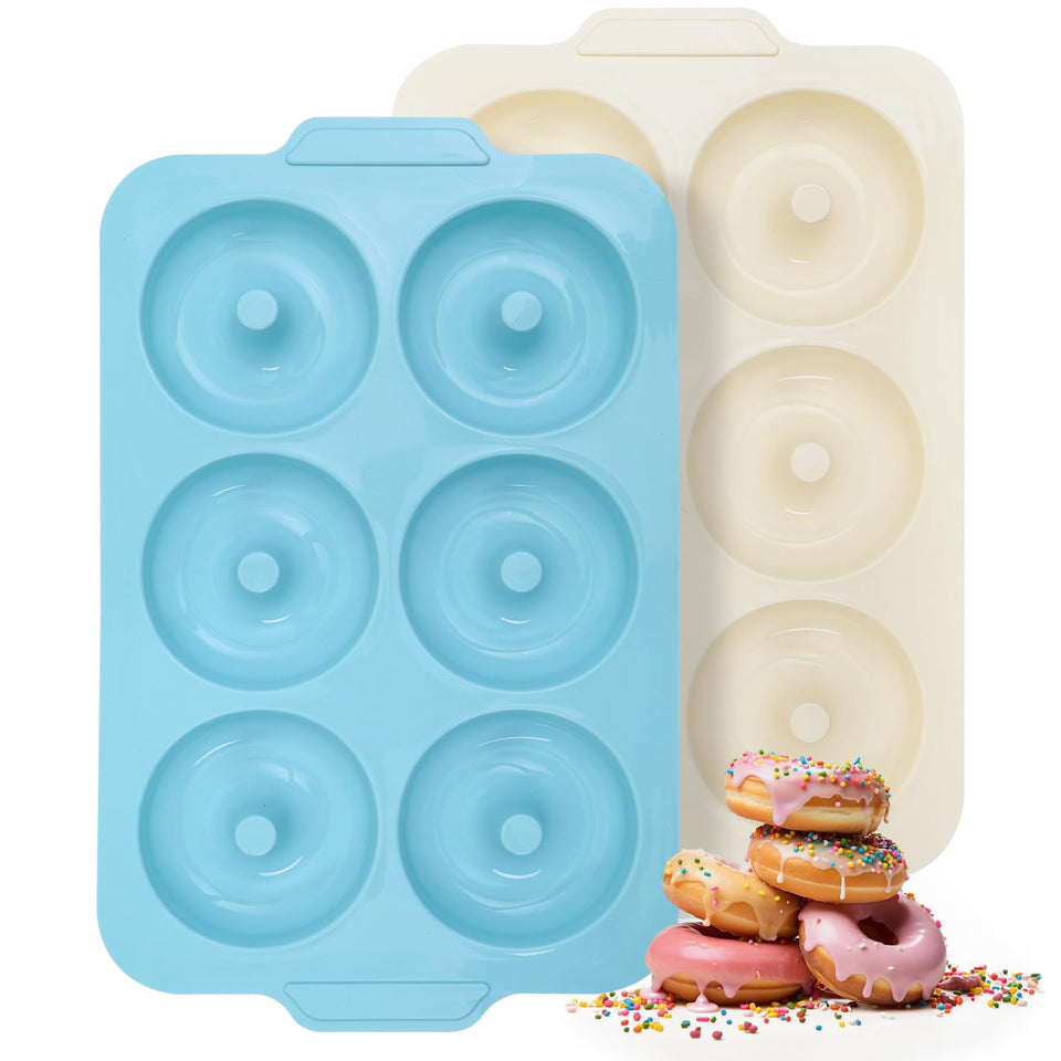 Toeusog donut pan with sturdy metal frame supports six evenly baked donuts