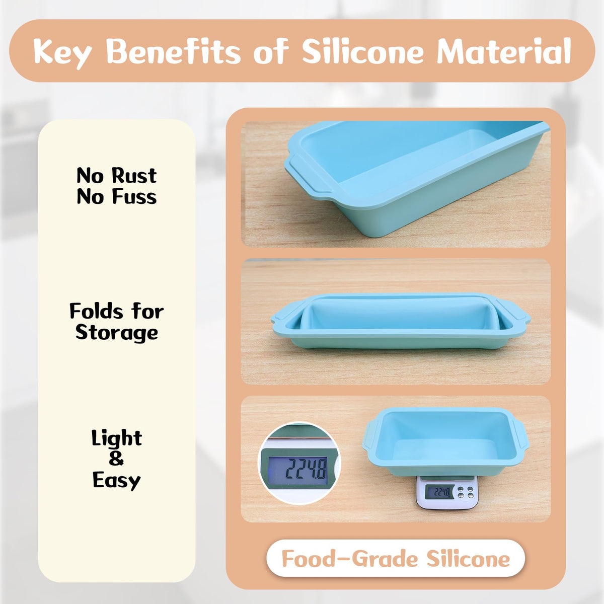Toeusog loaf pan suitable for oven, freezer, and dishwasher cleaning.