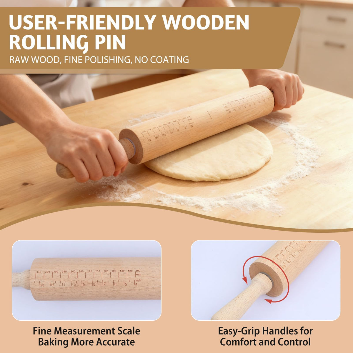 Toeusog rolling pin with ergonomic handles for comfortable grip.