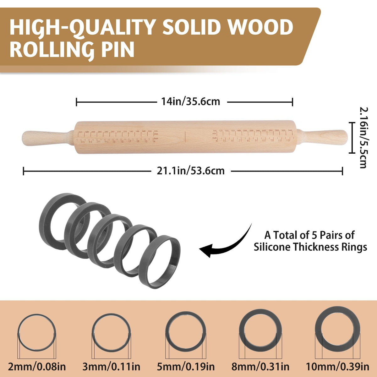 Toeusog wooden rolling pin showing measurement rings for uniform thickness.