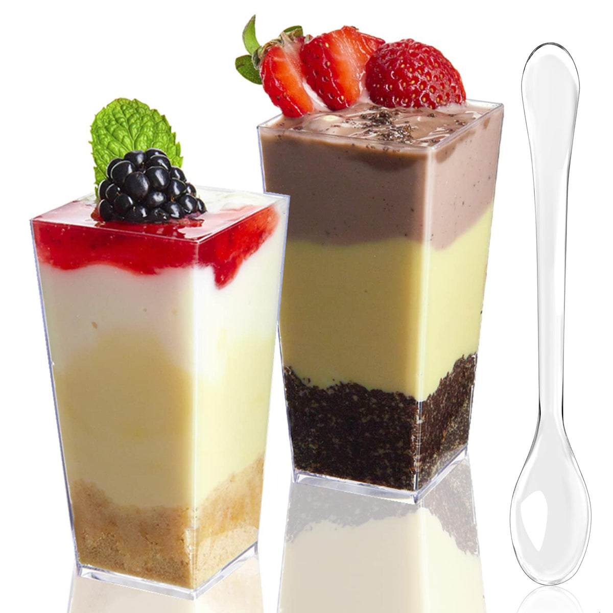 TOFLEN 100-pack 3oz square dessert cups showcase desserts with crystal clarity.