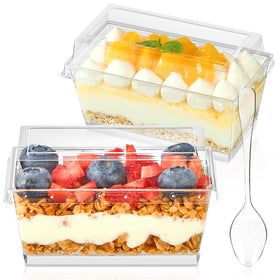 TOFLEN 5 oz dessert cups with lids and spoons in a 50-pack set for catering.
