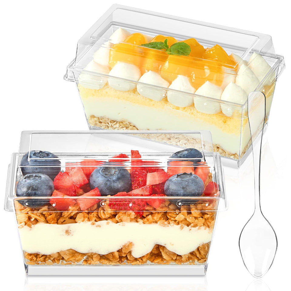 TOFLEN 5 oz dessert cups with lids and spoons in a 50-pack set for catering.