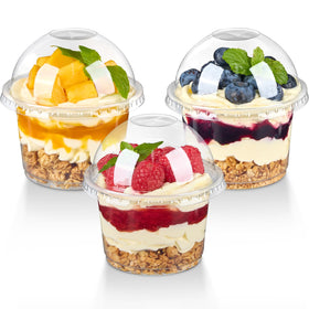 TOFLEN 8oz dome lid dessert cups showcasing desserts with a secure dome lid for portable serving