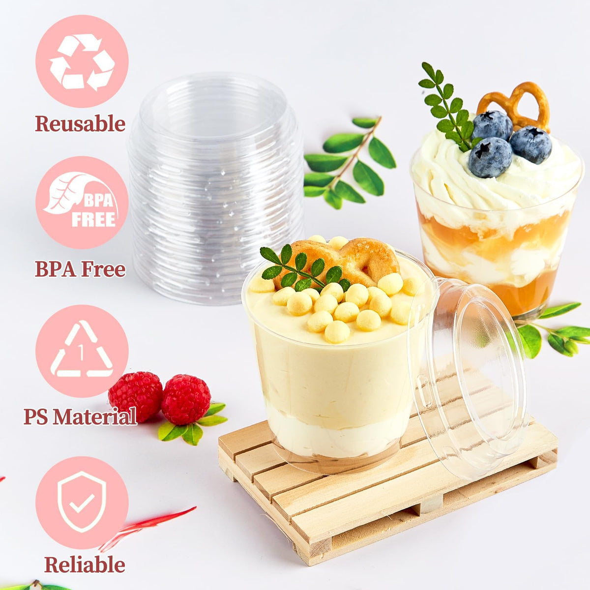 TOFLEN clear PS cup close-up showing crystal clarity for finger foods