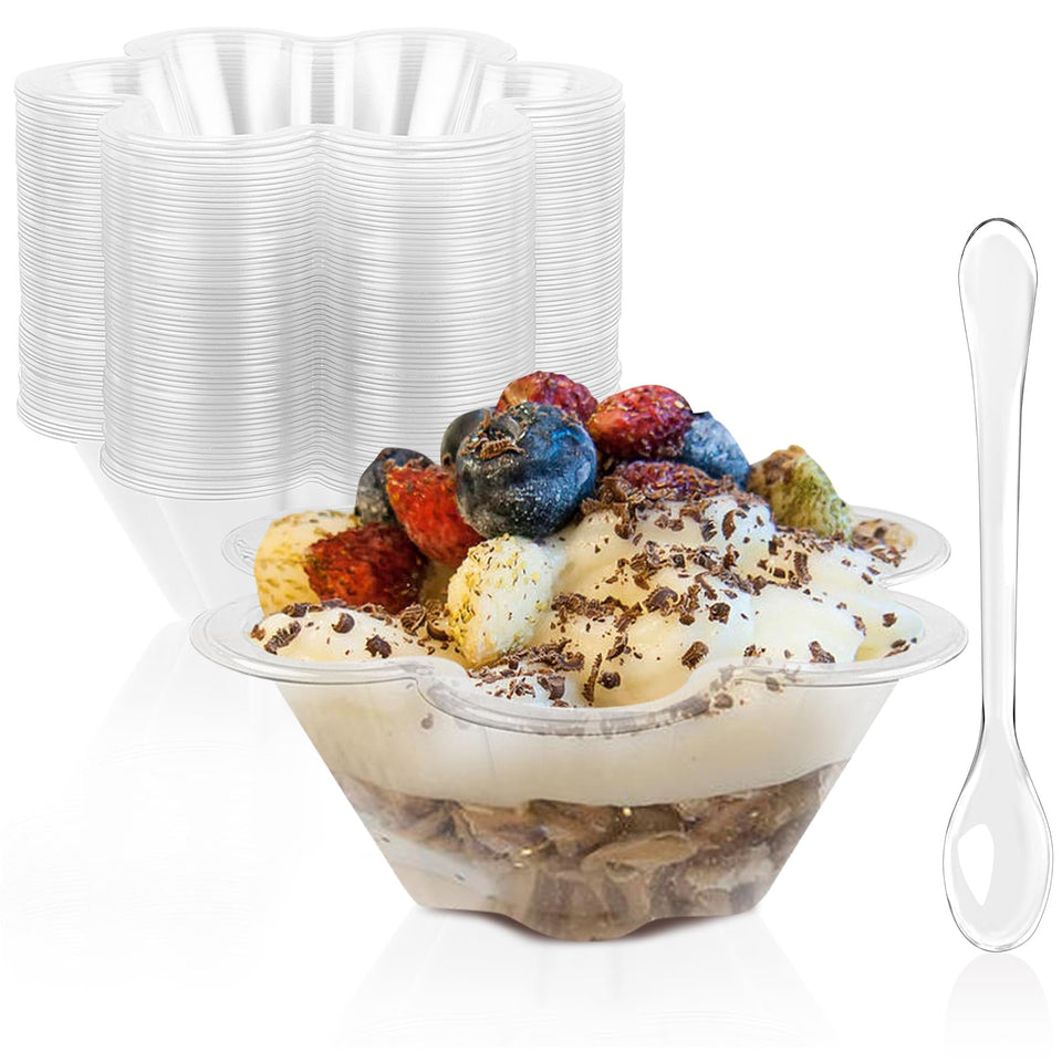 TOFLEN flower-shape dessert cups highlight desserts with elegant clear presentation.