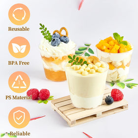 TOFLEN round serving cups showcase foods clearly for appetizers and desserts.