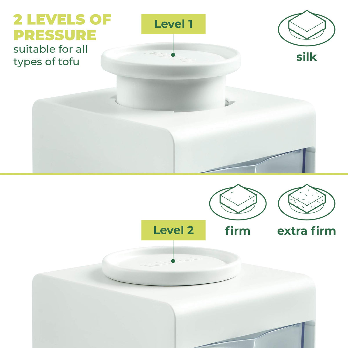 TofuBud pressure-levels close-up highlights adjustable settings for firm or soft tofu