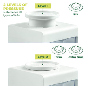 TofuBud pressure-levels close-up highlights adjustable settings for firm or soft tofu