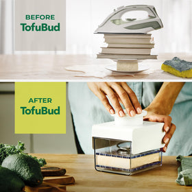 TofuBud standard tofu block fit image demonstrates snug hold for even pressing
