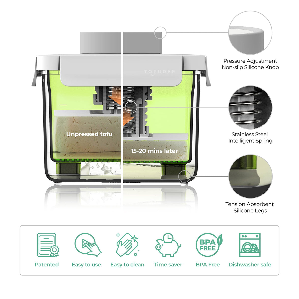 TOFUDEE press in dishwasher-safe design for quick cleanup.