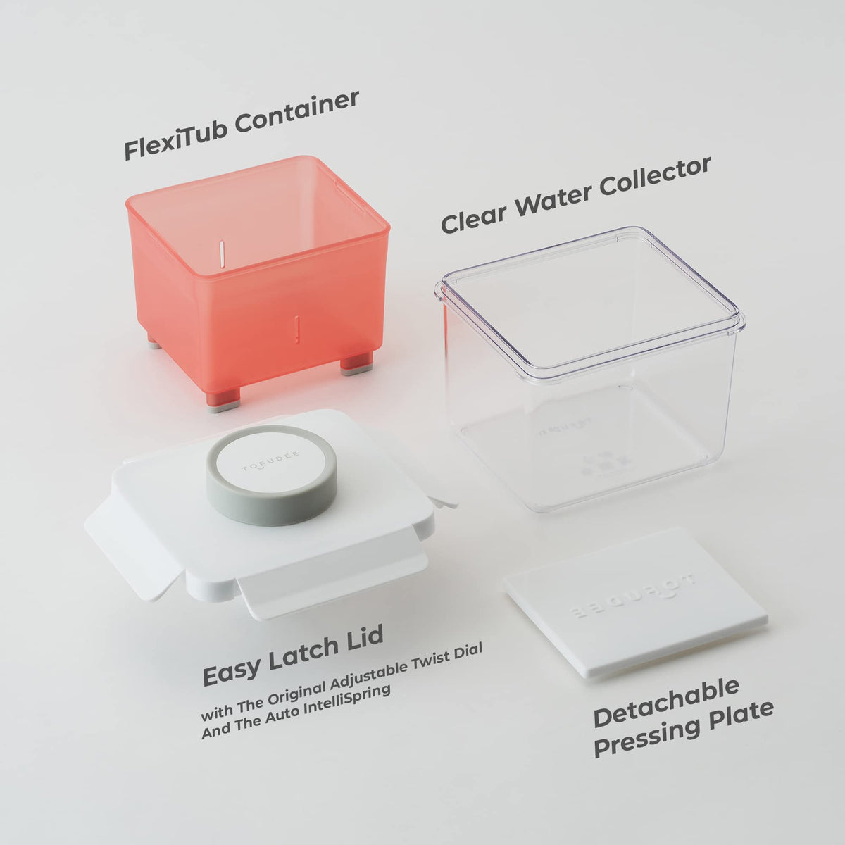 TOFUDEE press drains moisture into a drip tray during pressing.