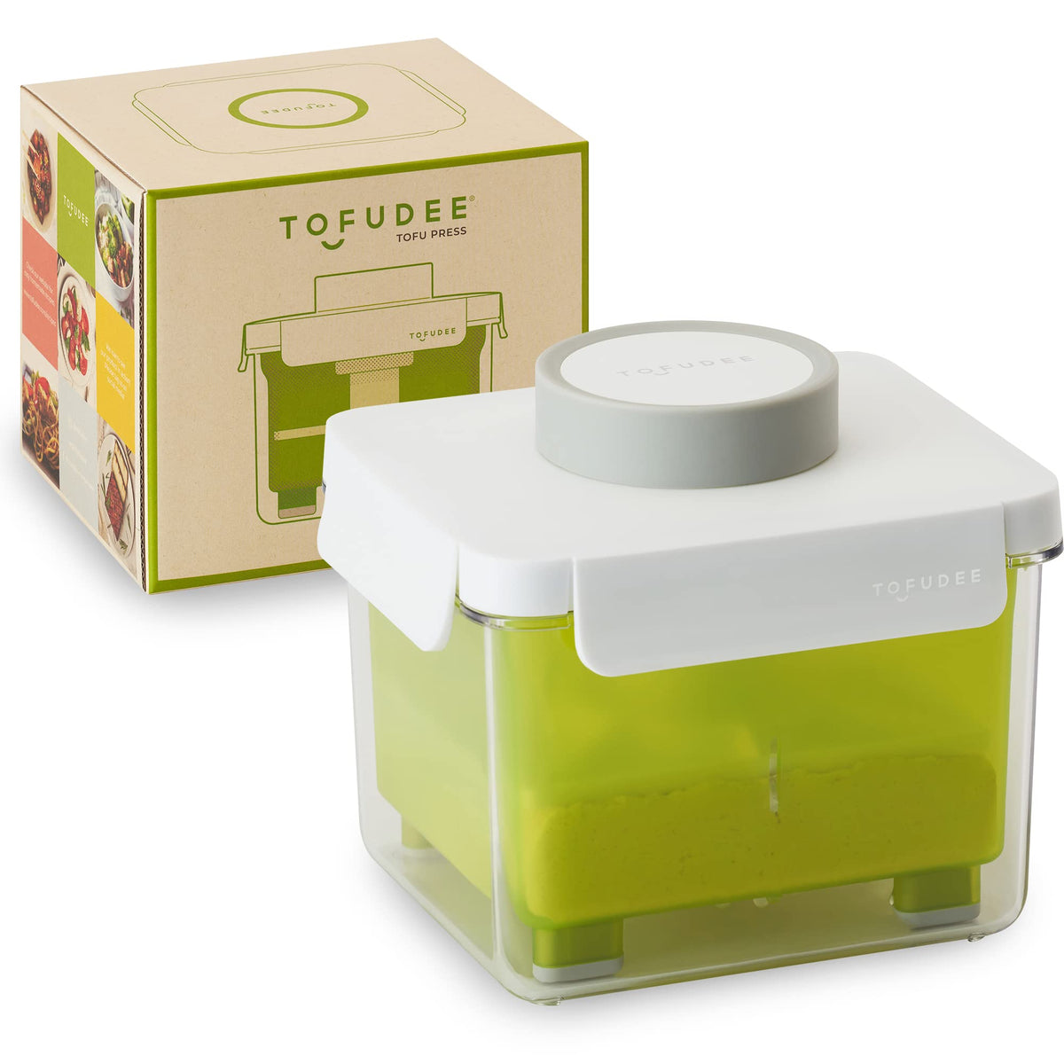 TOFUDEE press with self-contained system drains moisture for crisper tofu.