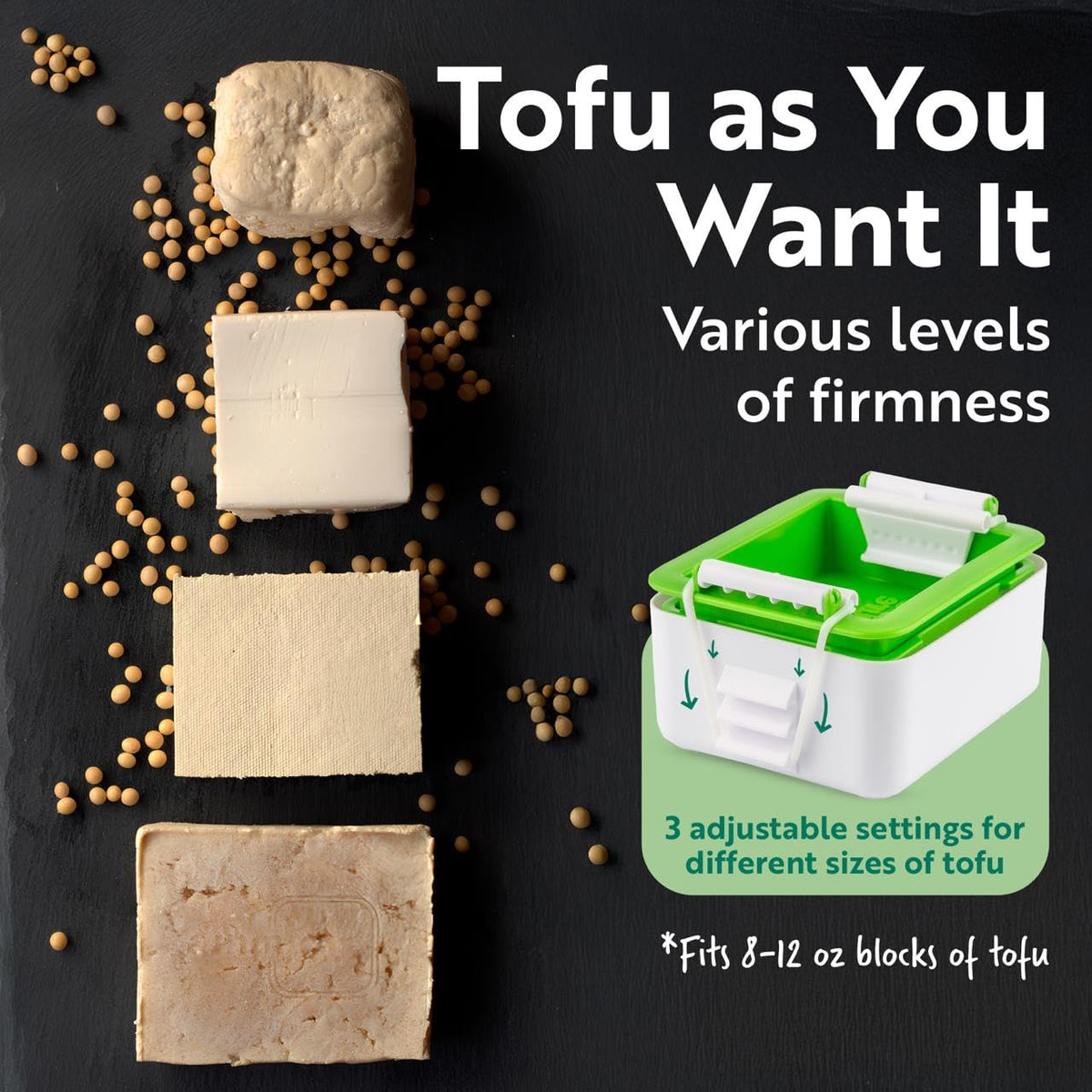 Tofuture Tofu Press securely fits 8-12 oz blocks for versatile firmness control.
