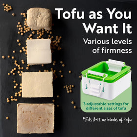 Tofuture Tofu Press securely fits 8-12 oz blocks for versatile firmness control.