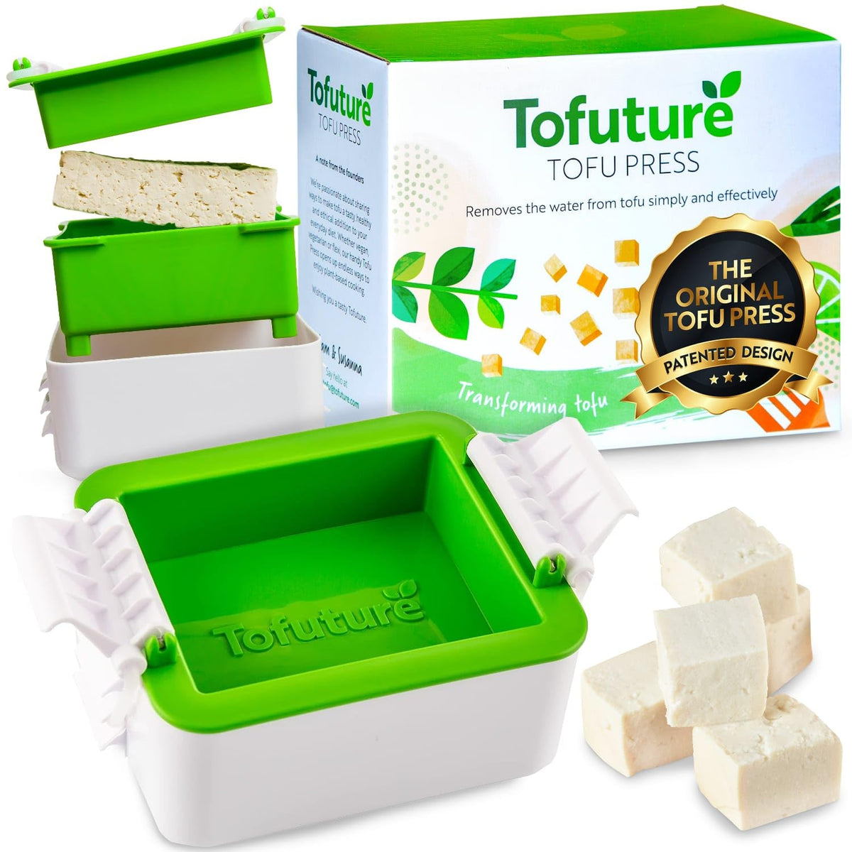 Tofuture Tofu Press assembled on counter, showing a compact, mess-free design.
