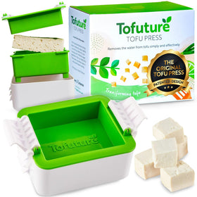 Tofuture Tofu Press assembled on counter, showing a compact, mess-free design.