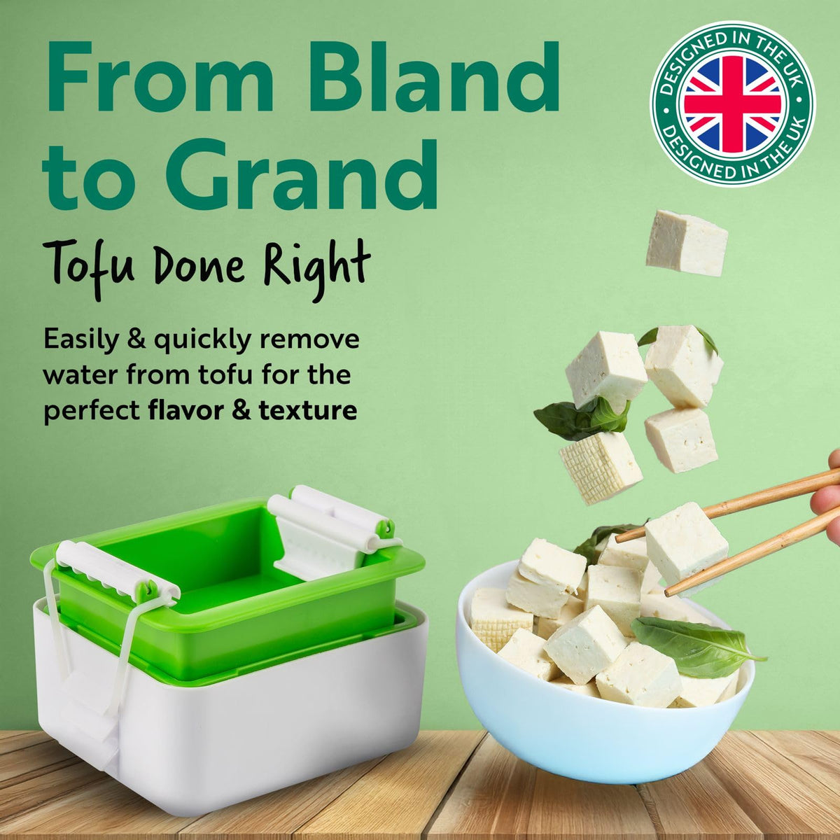 Close-up of Tofuture Tofu Press clips highlighting a secure, easy-to-use 3-part system.