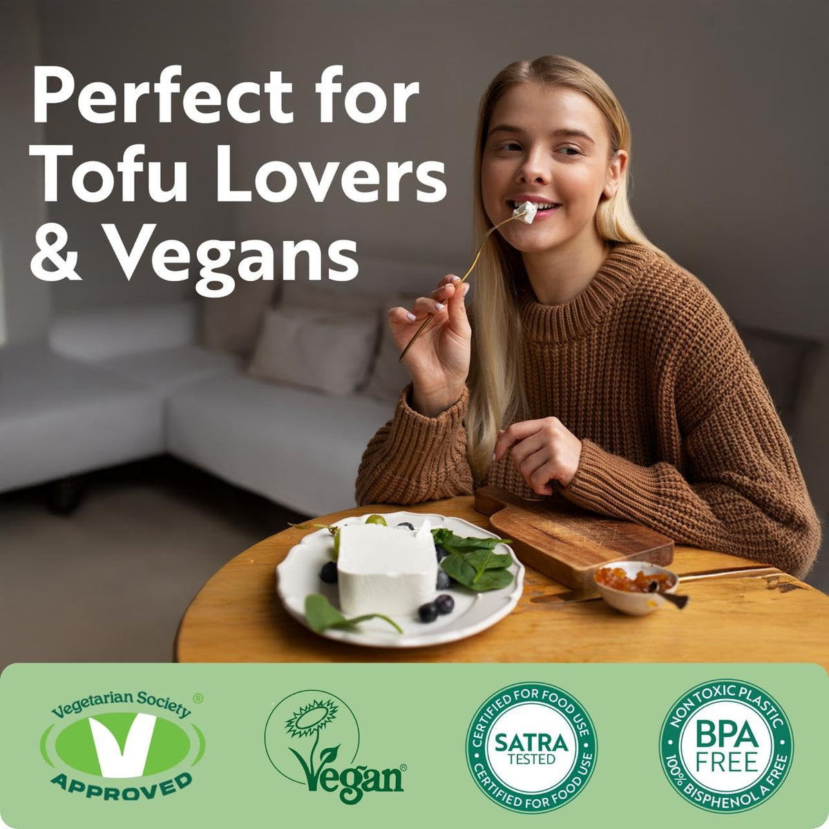 Tofuture Tofu Press aids firm, crack-free texture during cooking.