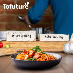 Tofuture Tofu Press ready in the fridge for hands-off water removal.