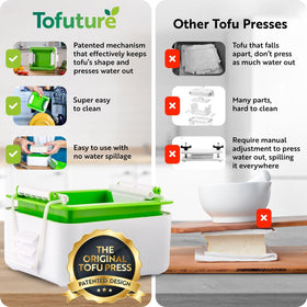 Tofuture Tofu Press holding an 8-12oz tofu block for even drainage.