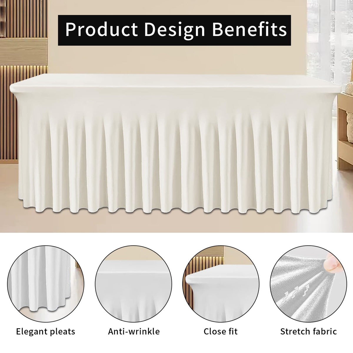 Tohetsuzp elastic-fit rectangle table skirt ensures secure, neat drape