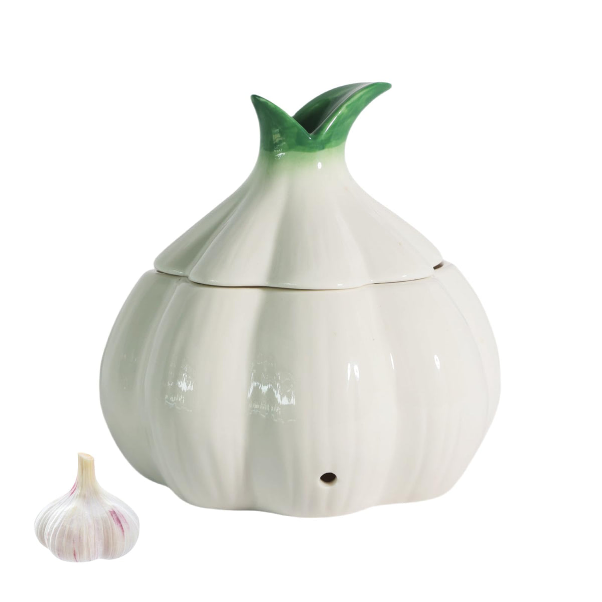 TOIVO Garlic Keeper on counter with lid keeps garlic organized and accessible.