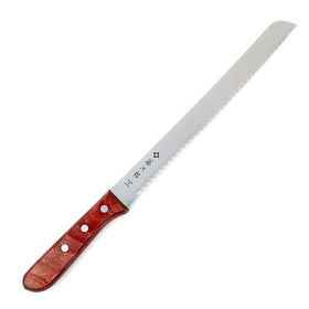 Tojiro bread knife 14-75 inch blade close-up highlighting sharp serrations for clean cuts
