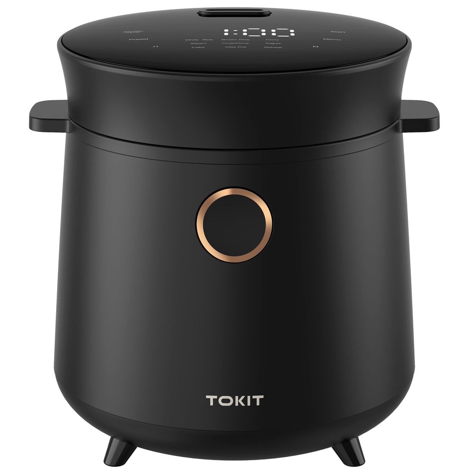 TOKIT compact mini rice cooker front view showing compact footprint for small kitchens